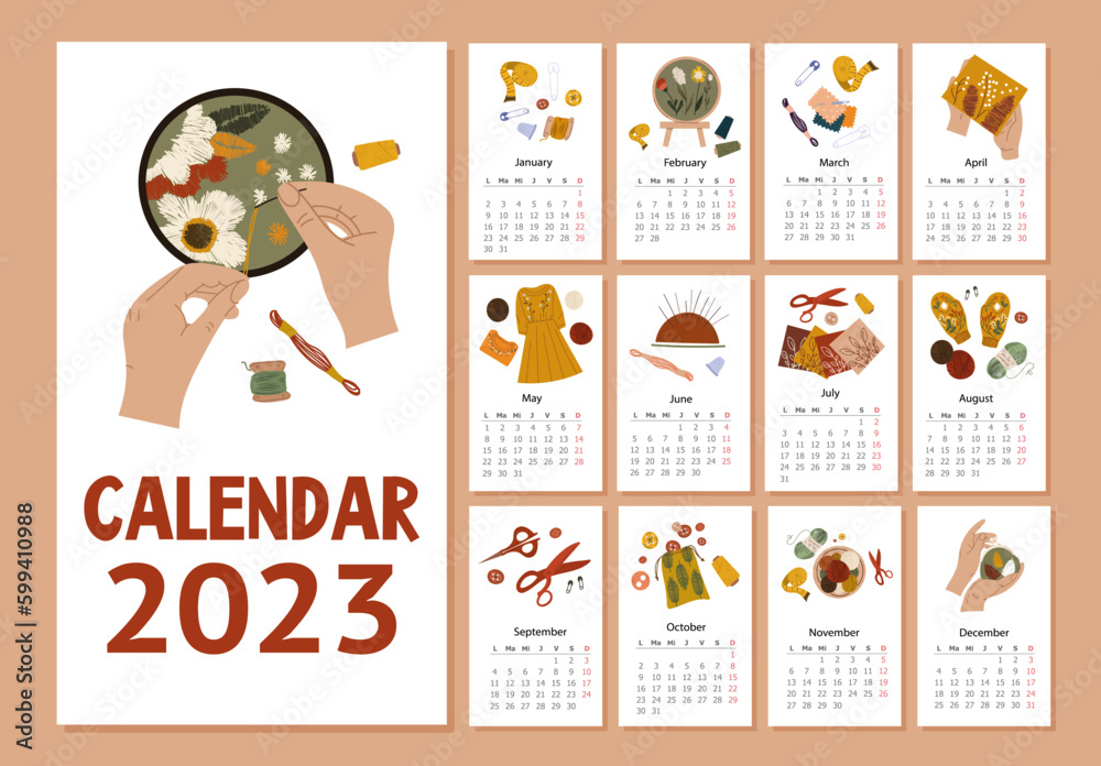 Sewing calendar concept. Poster collection with months, weeks and days. Embroidery and handmade. Needles, threads and scissors. Cartoon flat vector illustrations isolated on beige background