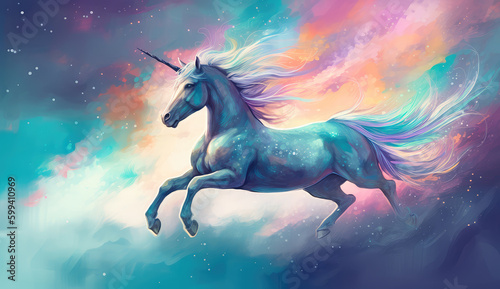 Artistic illustration of a unicorn flying through clouds and stars. Generative AI