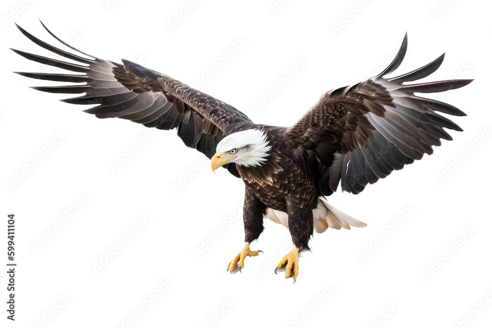Obraz premium an isolated bald eagle (Haliaeetus leucocephalus) , flying in motion and in landing position, wildlife, Wildlife-themed, photorealistic illustration on a transparent background PNG. generative ai