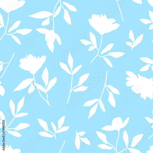 Minimal floral seamless pattern, simple white flowers on blue background