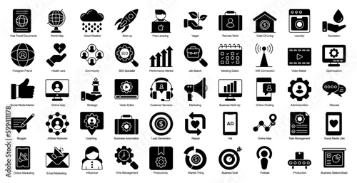 Digital Nomad Glyph Iconset Freelancer Affiliate Marketing Glyph Icon Bundle in Black
