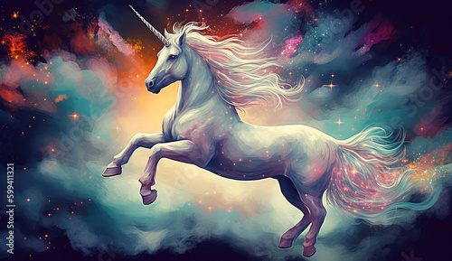 Artistic illustration of a unicorn flying through clouds and stars. Generative AI © keks20034