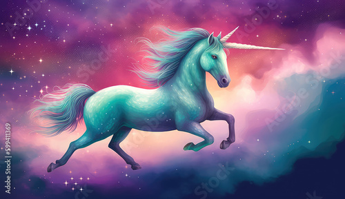 Artistic illustration of a unicorn flying through clouds and stars. Generative AI