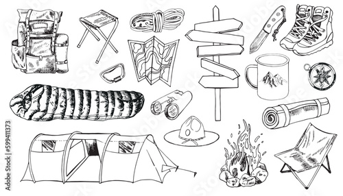 camping trip, outdoor adventure, hiking. Set of tourism equipment. engraved hand drawn in sketch, hand drawn style for label. map and compass, cup and pointer. backpack and tent