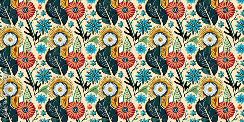 Beach cheerful seamless pattern wallpaper of leaves and flower background. Vector illustration of a seamless textile and fashionable colorful tropical floral pattern.