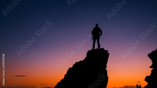 Silhouette of a rock climber person on a rock cliff with sunset background. (Generative AI)