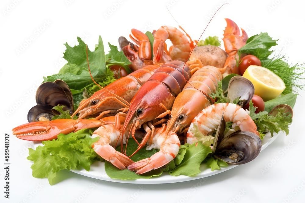 Seafood platter with shrimps and mussels on white background. Generative AI
