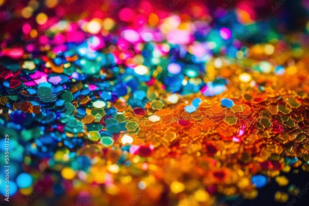 Colorful glitter background with bokeh defocused lights and stars. Generative AI