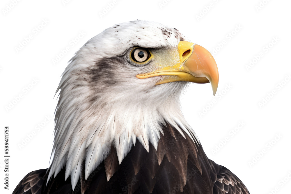 an isolated bald eagle (Haliaeetus leucocephalus) , portrait close-up, preservation, Wildlife-themed, photorealistic illustration on a transparent background cutout in PNG. Generative AI an isolated bald eagle (Haliaeetus leucocephalus) , portrait close-up, preservation, Wildlife-themed, photorealistic illustration on a transparent background cutout in PNG. Generative AI