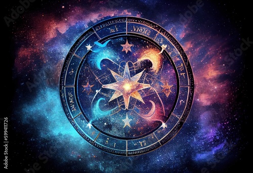 Zodiac wheel in space. Zodiac sign. Astrology concept. Generative AI