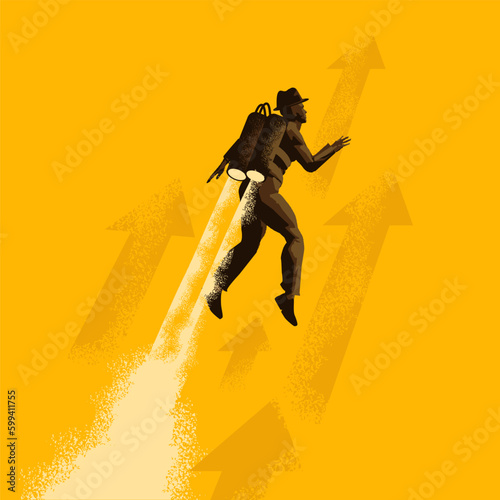 A businessman launching upwards into the sky wearing a jetpack! business and success concept vector illustration.