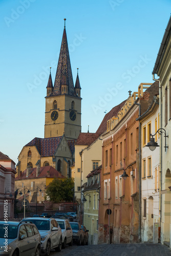 Image of streets of Sibiu with view of Cathedral in Romania.