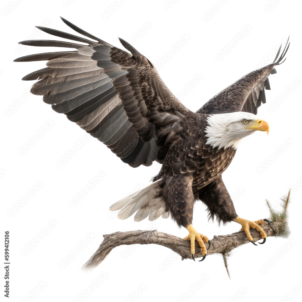 Obraz premium an isolated bald eagle (Haliaeetus leucocephalus) , flying in motion and in landing on a branch, Wildlife-themed, photorealistic illustration on a transparent background cutout in PNG. Generative AI