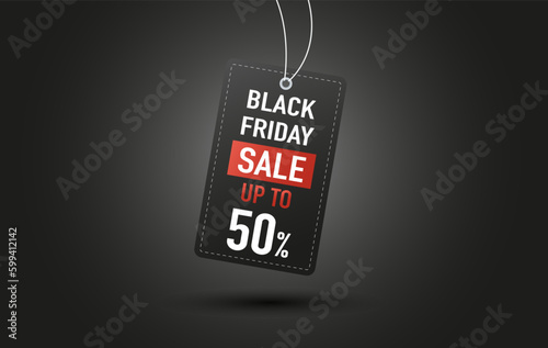 Black pricetag banner. 50 percent off, half price. Special and limited offer, loyalty program for regular customers. Cashback, bonuses and gifts, discounts and sales. Cartoon flat vector illustration