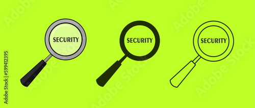 Set of the Security. Magnifying glass with SECURITY text. Vector illustration.
