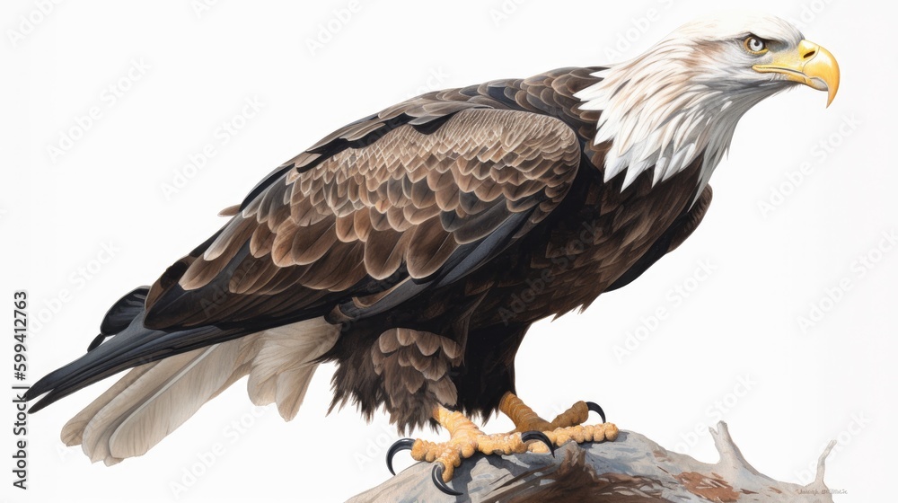 an isolated bald eagle (Haliaeetus leucocephalus) , sitting on a branch, preservation, Wildlife-themed, photorealistic illustration on a white background, in a JPG. Generative AI an isolated bald eagle (Haliaeetus leucocephalus) , sitting on a branch, preservation, Wildlife-themed, photorealistic illustration on a white background, in a JPG. Generative AI