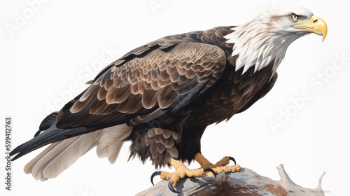 an isolated  bald eagle  Haliaeetus leucocephalus    sitting on a branch  preservation  Wildlife-themed  photorealistic illustration on a white background  in a JPG. Generative AI