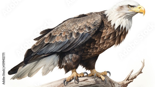 an isolated  bald eagle  Haliaeetus leucocephalus    sitting on a branch  preservation  Wildlife-themed  photorealistic illustration on a white background  in a JPG. Generative AI