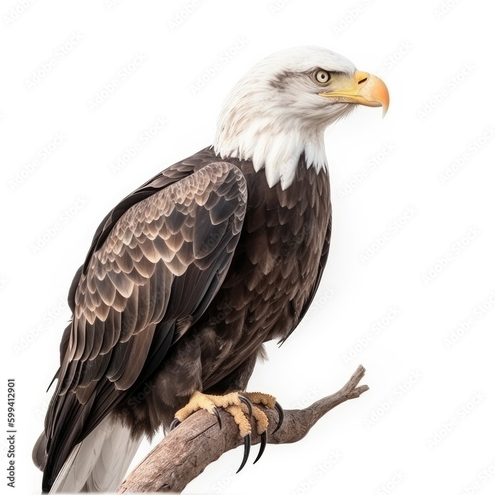 Obraz premium an isolated bald eagle (Haliaeetus leucocephalus) , sitting on a branch, preservation, Wildlife-themed, photorealistic illustration on a white background, in a JPG. Generative AI