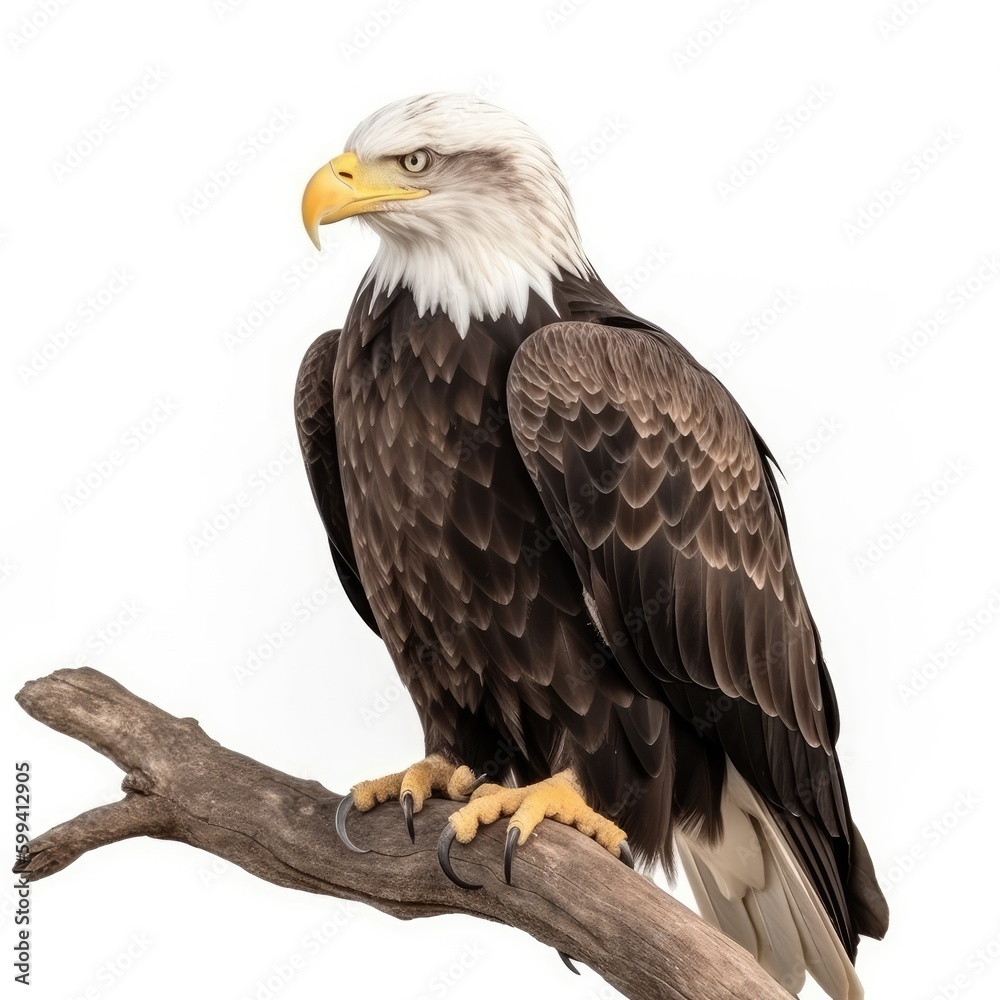 an isolated bald eagle (Haliaeetus leucocephalus) , sitting on a branch, preservation, Wildlife-themed, photorealistic illustration on a white background, in a JPG. Generative AI an isolated bald eagle (Haliaeetus leucocephalus) , sitting on a branch, preservation, Wildlife-themed, photorealistic illustration on a white background, in a JPG. Generative AI