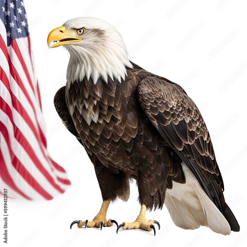 Obraz premium Eagle with American Flag 4th of July, Independence Day, grunge, Patriotic-themed, photorealistic illustrations in JPG. Generative AI