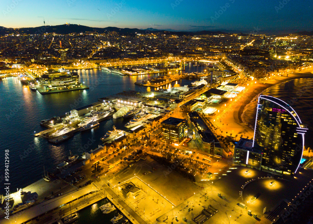 Naklejka premium Evening view of Barceloneta and Port Vell. Barcelona. Spain