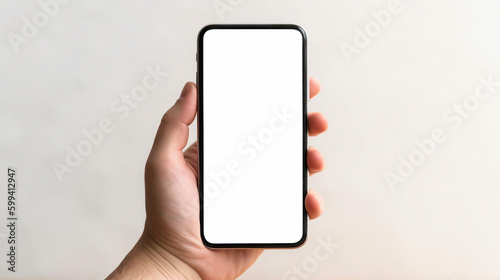 Mockup image of a hand holding black smartphone with blank white screen. Created with Generative AI tools 