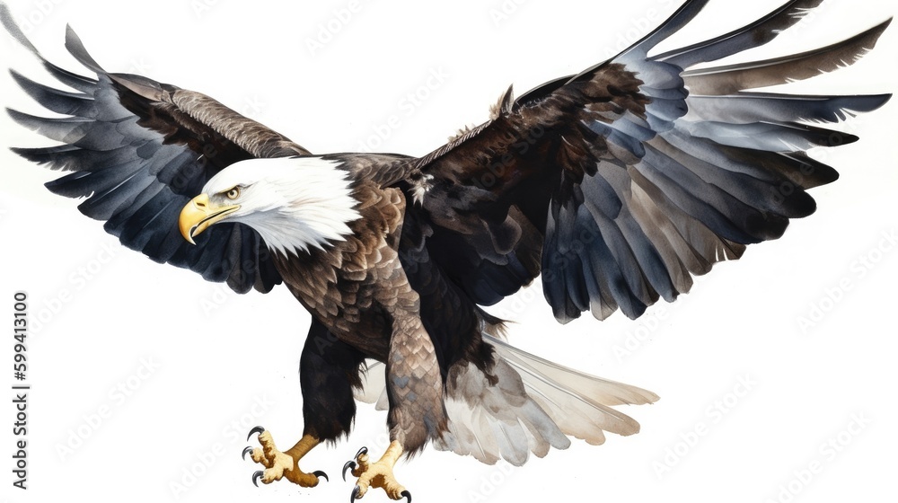 an isolated Bald Eagle in flight, majestic American symbol, Landing, Wildlife-themed, photorealistic illustration on a transparent background cutout in JPG. generative ai an isolated Bald Eagle in flight, majestic American symbol, Landing, Wildlife-themed, photorealistic illustration on a transparent background cutout in JPG. generative ai