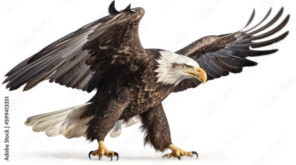 Obraz premium an isolated Bald Eagle in flight, majestic American symbol, Landing, Wildlife-themed, photorealistic illustration on a transparent background cutout in JPG. generative ai