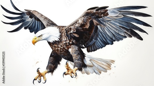 an isolated Bald Eagle in flight  majestic American symbol  Landing  Wildlife-themed  photorealistic illustration on a transparent background cutout in JPG. generative ai