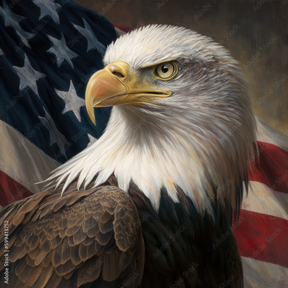 Obraz premium Eagle with American Flag 4th of July, Independence Day, grunge, Patriotic-themed, photorealistic illustrations in JPG. Generative AI