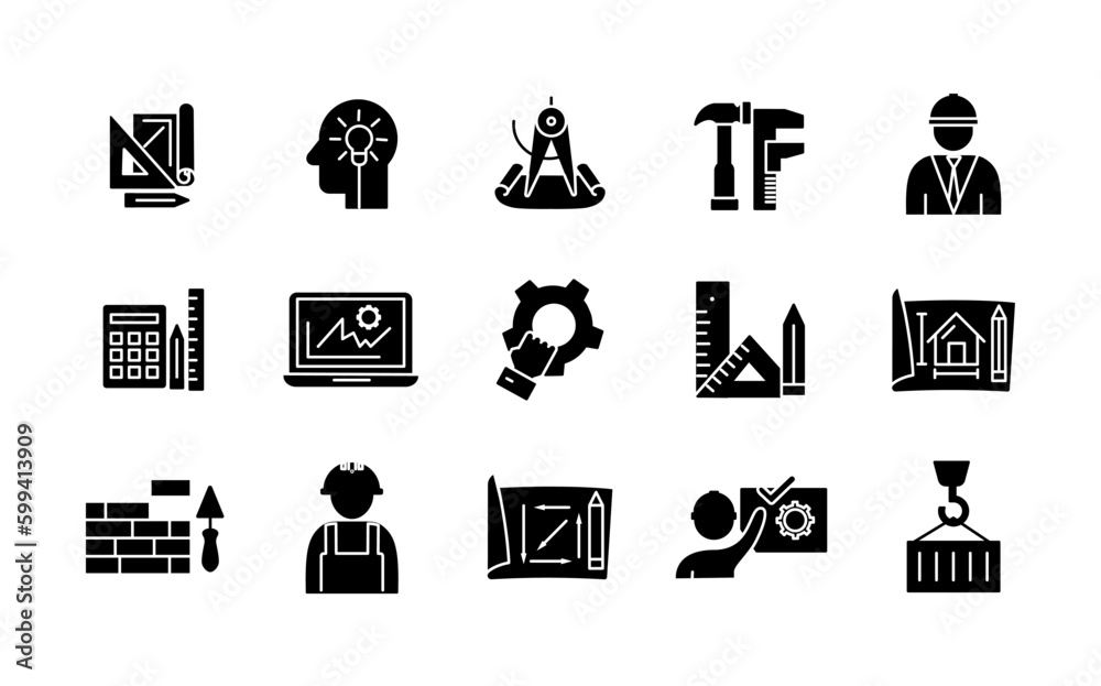 Construction black icons set. Engineering and building construction. Construction and drawing tools. Man in uniform and safety helmet. Cartoon flat vector illustrations isolated on white background Construction black icons set. Engineering and building construction. Construction and drawing tools. Man in uniform and safety helmet. Cartoon flat vector illustrations isolated on white background
