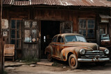Old abandoned and damaged retro vintage rusty classic car in a garage or repair shop. Ai generated