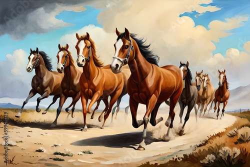Oil painting of running horses. Generative AI