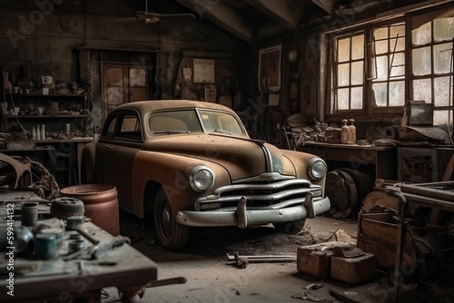 Old abandoned and damaged retro vintage rusty classic car in a garage or repair shop. Ai generated