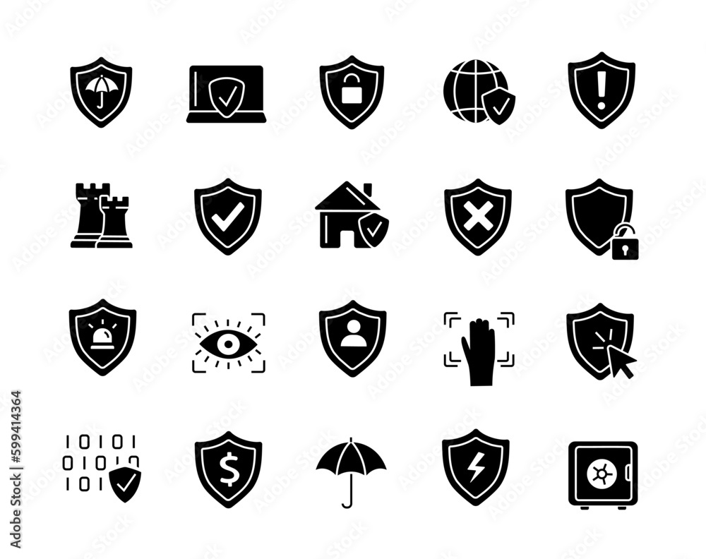 Icon Shield Hack Defense black icons set. Internet security and safety, shield with ...