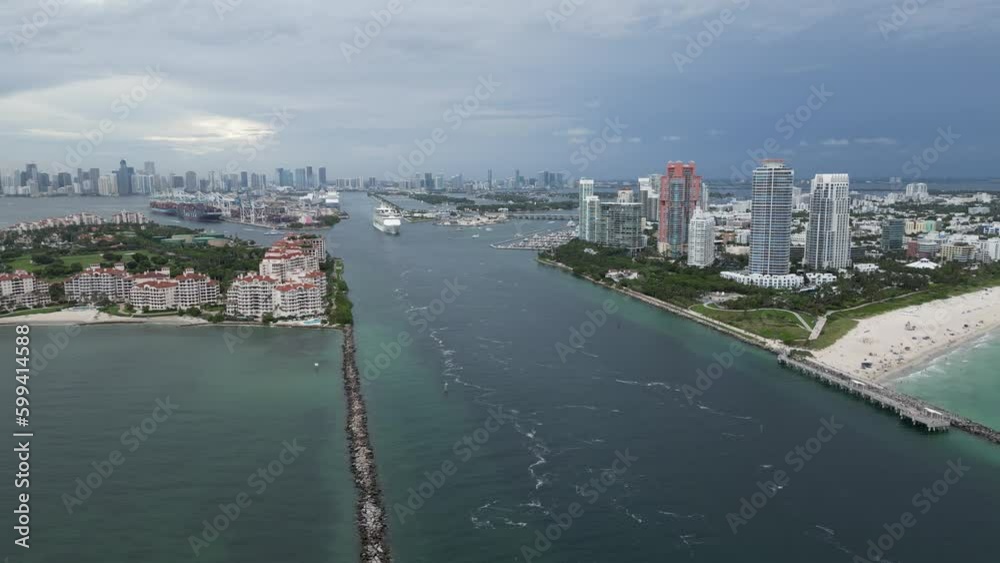 Miami Beach Skyline and Ocean. Aerial video of tropical paradise Miami Beach from drone. Miami South Beach Aerial Panorama. Tourist destination Hotels and Ocean in Florida. Miami Beach Skyline and Ocean. Aerial video of tropical paradise Miami Beach from drone. Miami South Beach Aerial Panorama. Tourist destination Hotels and Ocean in Florida.