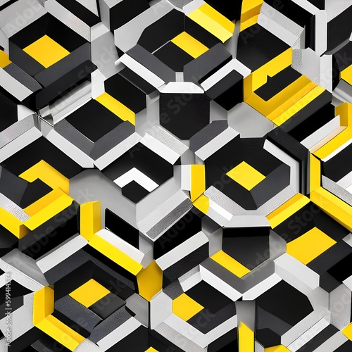 A bold pattern of black and white hexagons, with a central circle in bright yellow1, Generative AI photo