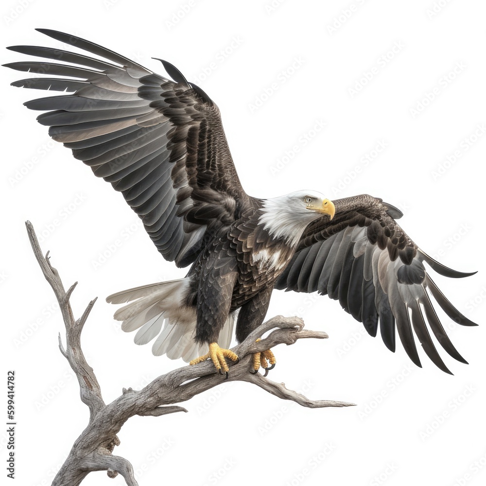 Fototapeta premium an isolated bald eagle (Haliaeetus leucocephalus) , Landing on a branch, preservation, Wildlife-themed, photorealistic illustration on a white background, in a JPG. Generative AI