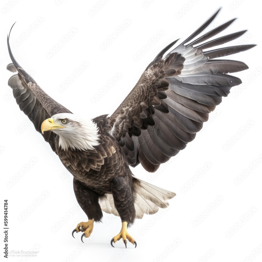 Fototapeta premium an isolated bald eagle (Haliaeetus leucocephalus) , flying with outstretche wings, majestic, Wildlife-themed, photorealistic illustration on a white and illustrated. JPG. generative ai 