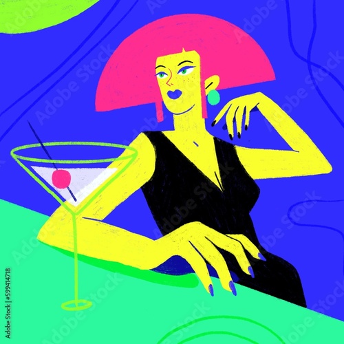 Neon Girl at the Bar of a Disco Pub with a Drink