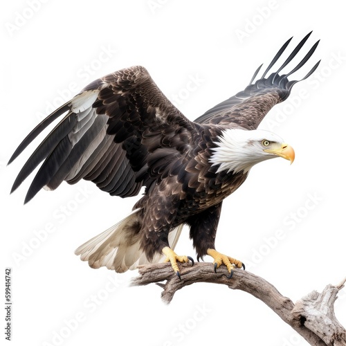 an isolated bald eagle (Haliaeetus leucocephalus) , Landing on a branch, preservation, Wildlife-themed, photorealistic illustration on a white background, in a JPG. Generative AI