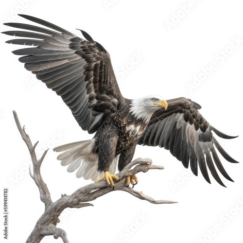 an isolated bald eagle (Haliaeetus leucocephalus) , Landing on a branch, preservation, Wildlife-themed, photorealistic illustration on a white background, in a JPG. Generative AI © Purple Penguin GFX