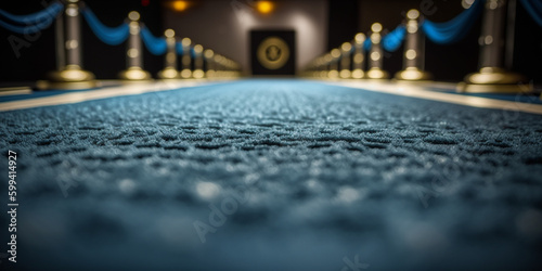 Edler VIP Eingang mit blauen Teppich und Kordel, ai generativ photo