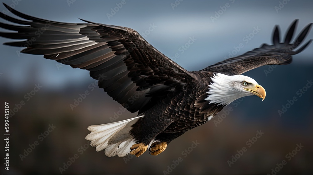 Fototapeta premium an isolated bald eagle (Haliaeetus leucocephalus) , flying with outstretche wings, majestic, Wildlife-themed, photorealistic illustration on a white and illustrated. JPG. generative ai