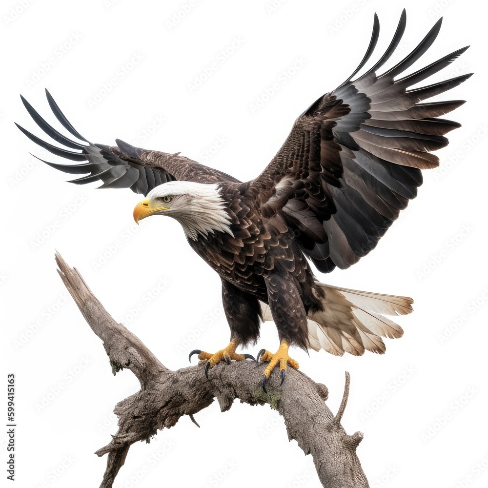 Obraz premium an isolated bald eagle (Haliaeetus leucocephalus) , Landing on a branch, preservation, Wildlife-themed, photorealistic illustration on a white background, in a JPG. Generative AI