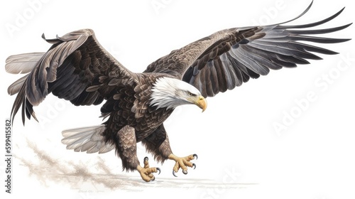  an isolated bald eagle (Haliaeetus leucocephalus) , flying with outstretche wings, majestic,   Wildlife-themed, photorealistic illustration on a white and illustrated. JPG. generative ai 