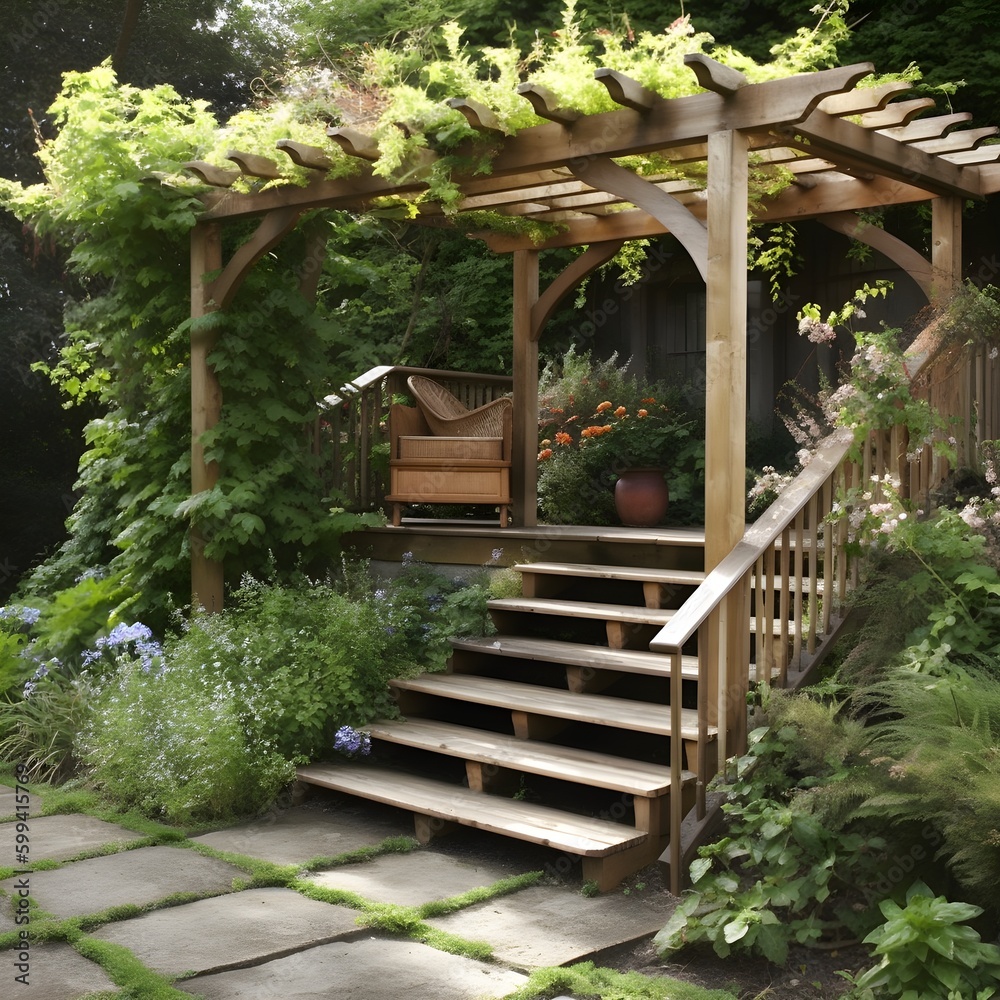 wooden pergola above the garden steps stairs