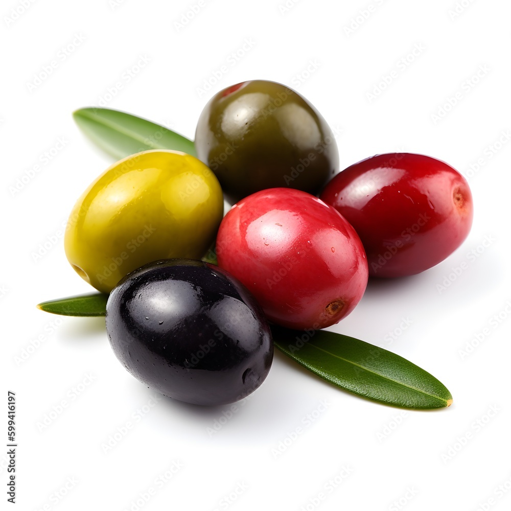 green, black and red olives on white background green, black and red olives on white background