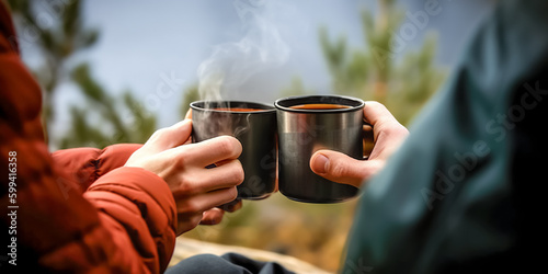Friends toasting coffee during camping in forest 